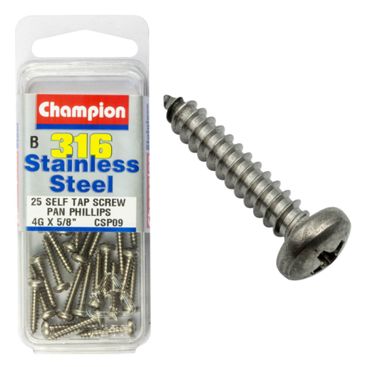 Champion Self Tapp Screw Pan Phillips Stainless Steel 2.9x16mm 316/A4 - CSP09