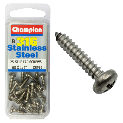 Champion Self Tapp Screw Pan Phillips Stainless Steel 3.5x13mm 316/A4 - CSP10