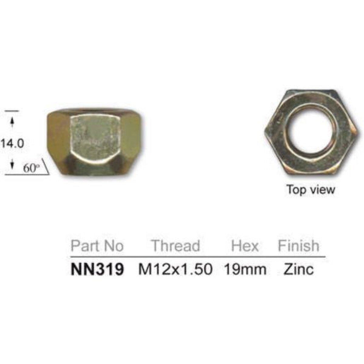 Nice Std. Wheel Nut Tapered M12 X 1.50mm 19mm Hex - NN319-4