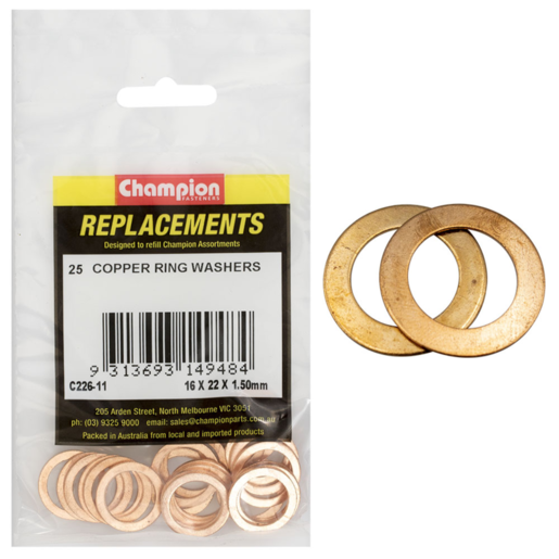 Champion Washers Flat Copper M16 x 22 x 1.5mm (Sold Individually) - C226-11