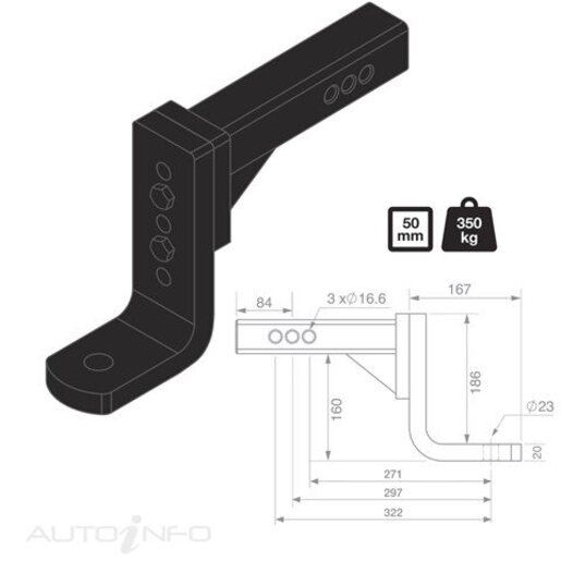 TAG Adjustable Tow Ball Mount - 297mm Long 90 Face 50mm Square Hitch