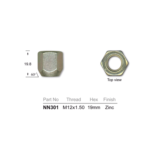 NN301-5 STD. WHEEL NUT TAPERED M12 X 1.50MM 19MM HEX