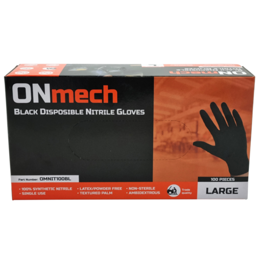 Onmech Black Nitrile Gloves Large 100 Pack - OMNIT100BL