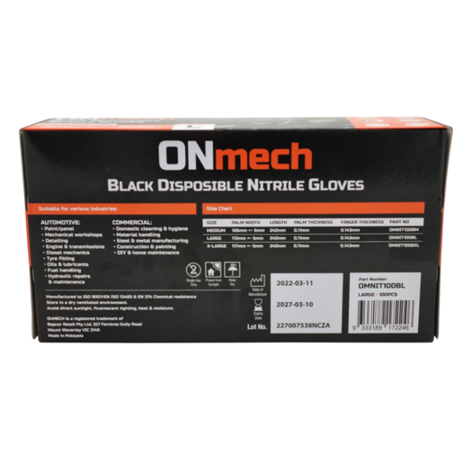 Onmech Black Nitrile Gloves Large 100 Pack - OMNIT100BL