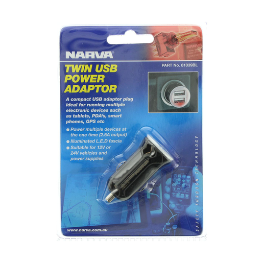 Narva Twin USB 12-24V Adaptor - 81039BL