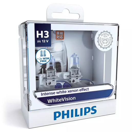 Philips WhiteVision Halogen Headlight Globe H3 12V 55W Pack of 2 - 12336WHVSM