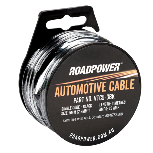 Roadpower Automotive Cable Single Core 5mm 3m 25Amp Black - VTC5-3BK