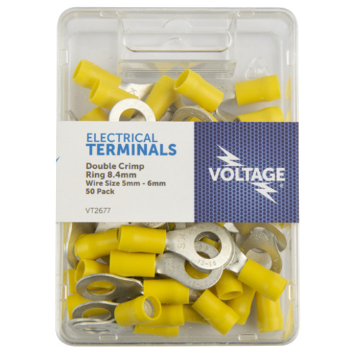Voltage Electrical Terminal Ring Yellow 8.4mm 50 Pack - VT2677
