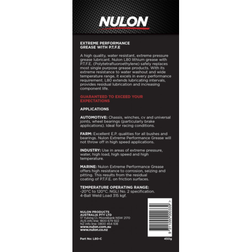 Nulon Xtreme Performance Grease with PTFE 450g - L80-C