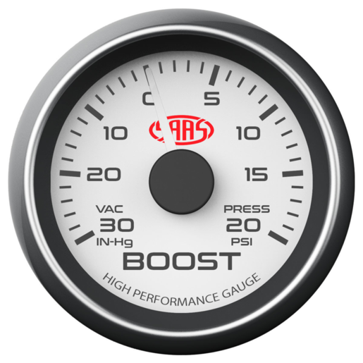 SAAS Boost Gauge 30in Hg-20 PSI 52mm White Muscle Series - SG-TB52W