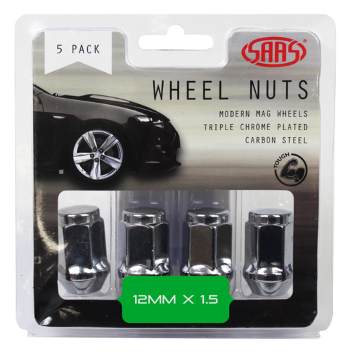 SAAS Wheel Nuts Flat Head Bulge 12 x 1.50 Chrome 35mm 5Pk - 435965