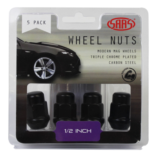 SAAS Wheel Nuts Acorn Bulge 1/2inch Black 35mm 5Pk - 335315BC