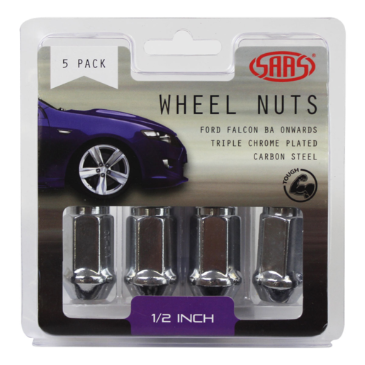 SAAS Wheel Nuts Flat Head Bulge 1/2inch Chrome 40mm 5Pk - 440915