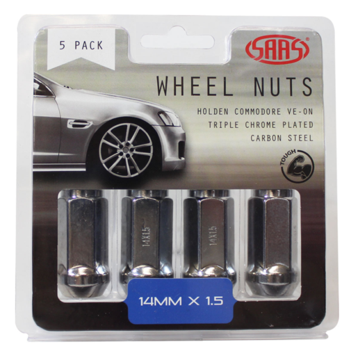 SAAS Wheel Nuts Flat Head Bulge 14x 1.5 Chr 45mm 5Pk - 445995