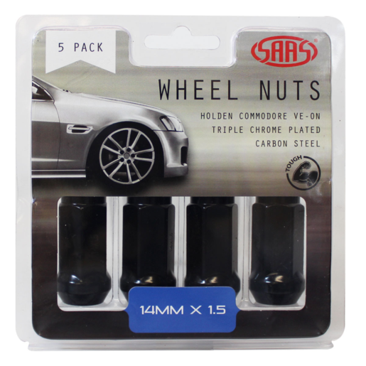 SAAS Wheel Nuts Flat Head Bulge 14x 1.5 Black 45mm 5Pk - 445995BC