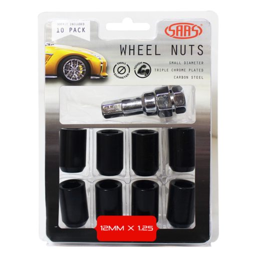 SAAS Wheel Nuts S/D Int Hex 12 x 1.25 Inc Key Black 10Pk - 8330510BC