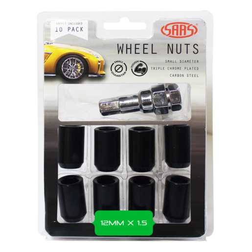 SAAS Wheel Nuts S/D Int Hex 12 x 1.50 Inc Key Black 10Pk - 8330610BC