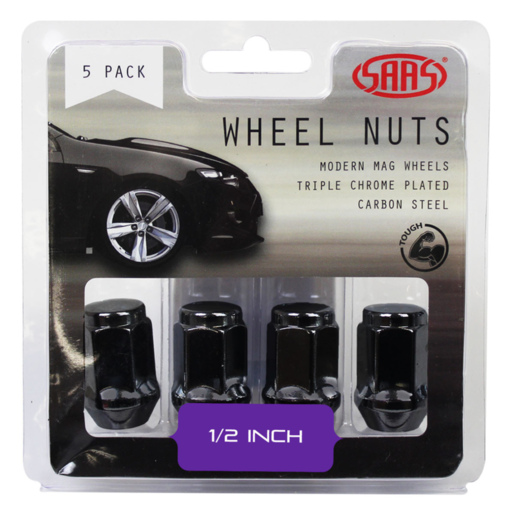SAAS Wheel Nuts Flat Head Bulge 1/2inch Black 35mm 5Pk - 435915BC