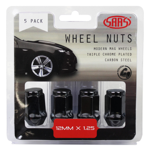 SAAS Wheel Nuts Flat Head Bulge 12 x 1.25 Black 35mm 5Pk - 435955BC