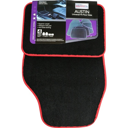 Streetwize Austin Universal Fit Floor Mats Set 4 Red/Black - SW809