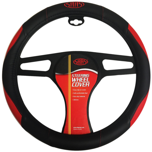 SAAS Steering Wheel Cover Black-Red Poly w/ Logo 380mm - SWC003
