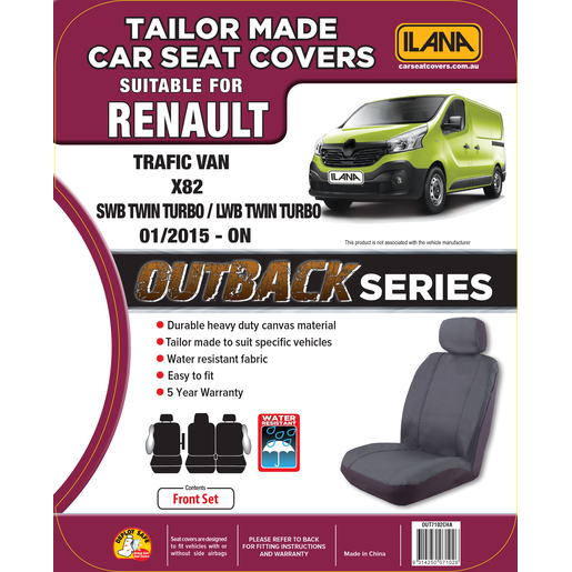 OUTBACK CANVAS TAILOR MADE 1 ROW SEAT COVER PACK TO SUIT RENAULT TRAFFIC VAN X82 (SWB TWIN TURBO / LWB TWIN TURBO) 01/2015 - ONWARDS
