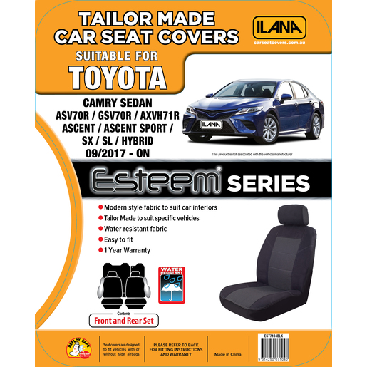 Ilana Esteem Tailor Made 2 Row Seat Cover To Suit Toyota Camry - EST7104BLK