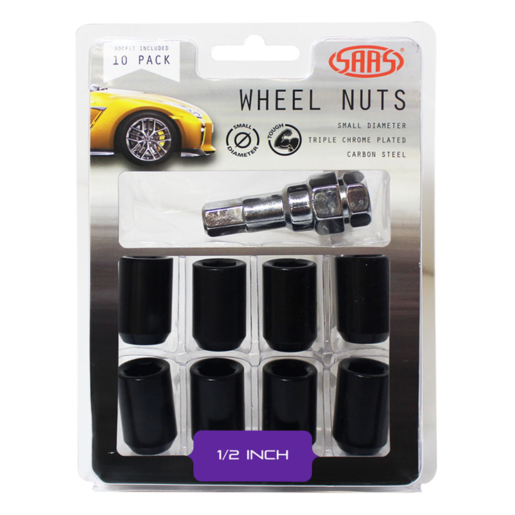 SAAS Wheel Nuts S/D Int Hex 1/2 Inc Key Black 10Pk - 8330110BC