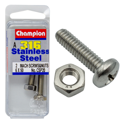 Champion Machine Screw Pan Phillips Stainless Steel M6x50mm 316/A4 - CSP20