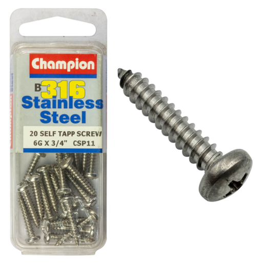 Champion Self Tapp Screw Pan Phillips Stainless Steel 3.5x19mm 316/A4 - CSP11